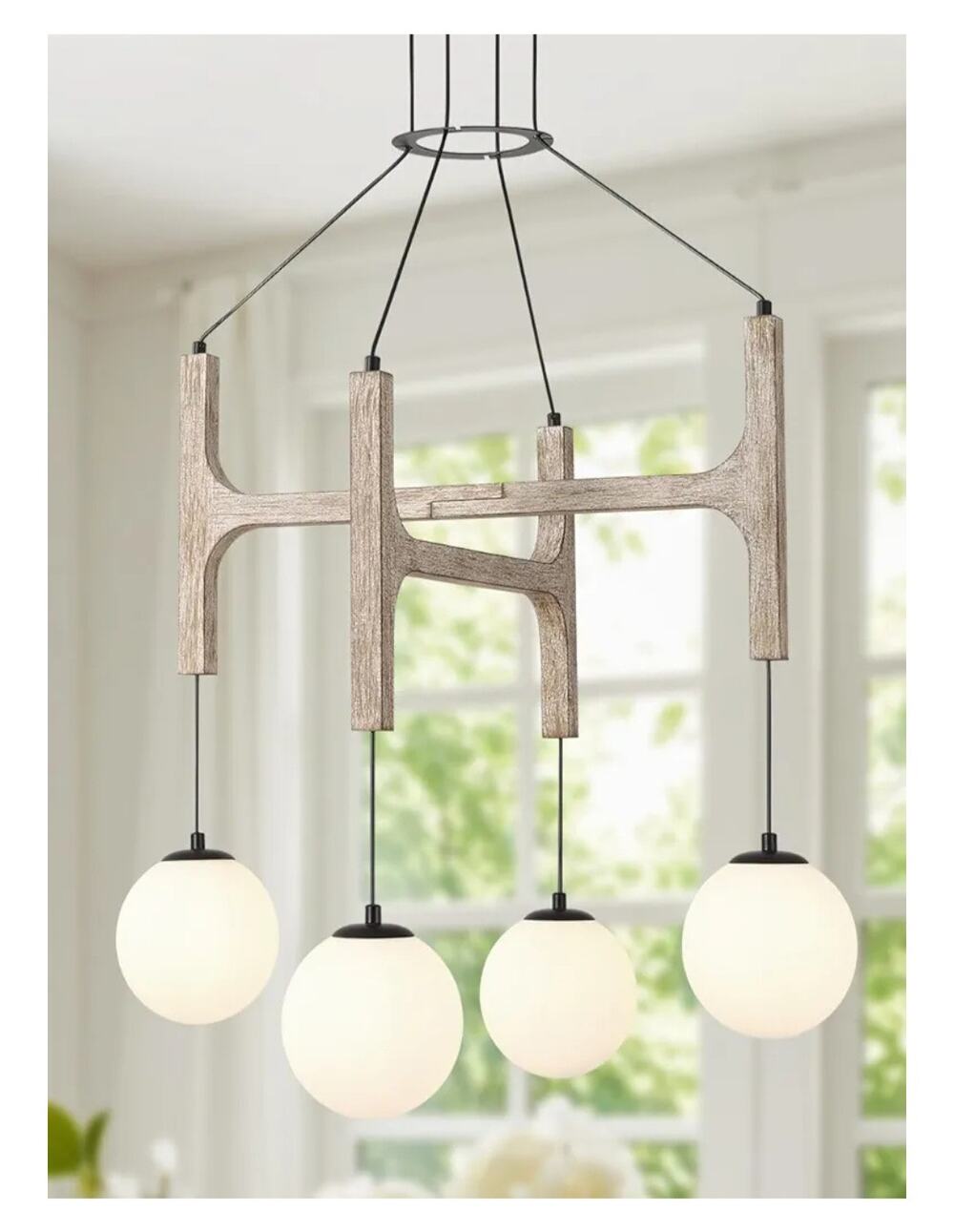 4-Light Farmhouse Mid Century Modern Wood Chandelier Milk Glass Globe